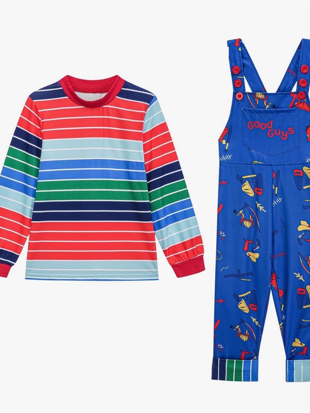 Blue & Red Kids Play Chuckie Costume- Striped Top & Overalls